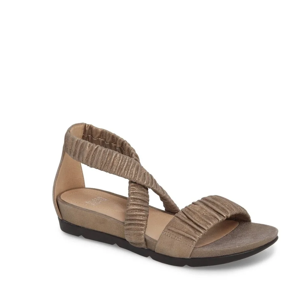 Eileen Fisher Dylan Metallic Suede Wedge Sandals Cross Strap Comfort Bronze Sz 6